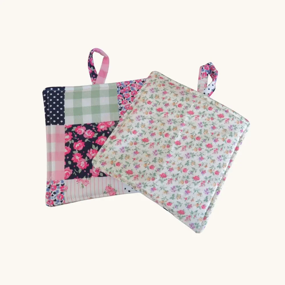 Handmade Potholder, Set of 2, Reversible Patchwork and Floral Hot Pads